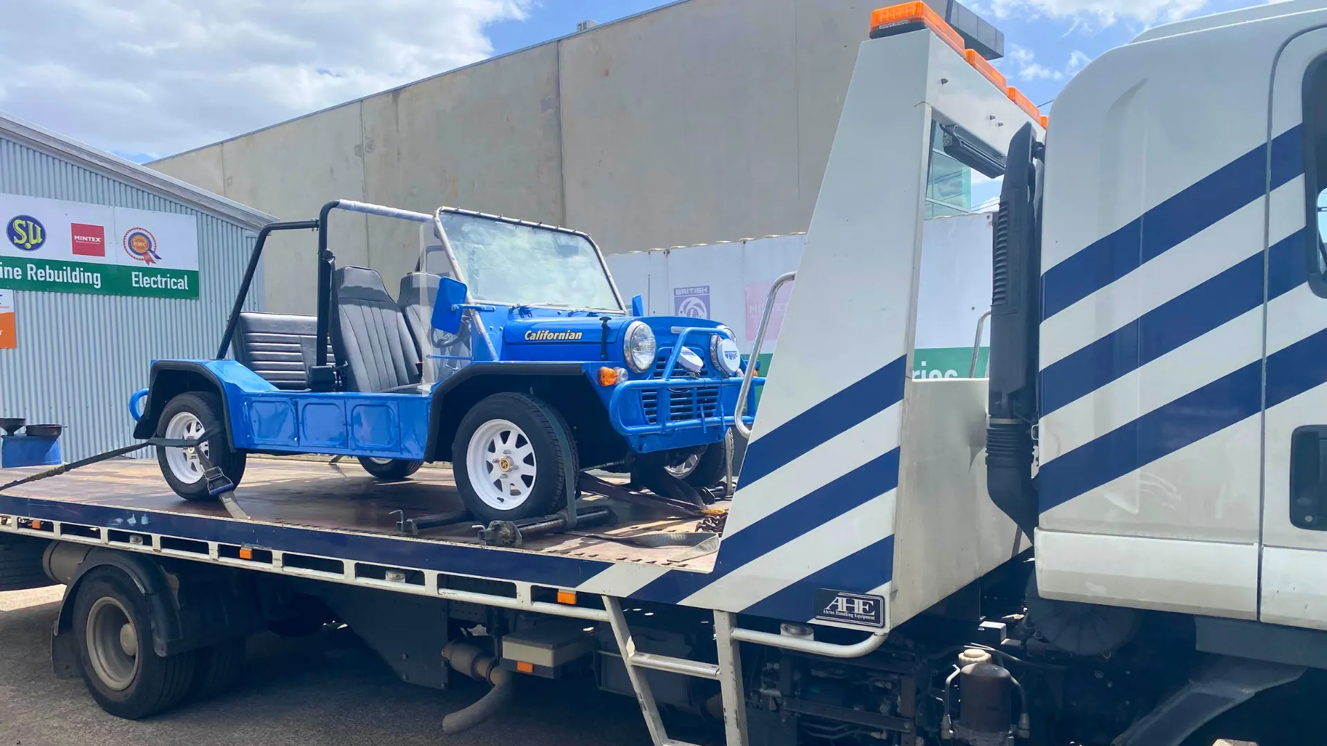 Blue Mini Moke Californian loaded for transport by All Over Towing